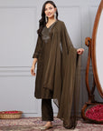 Foil Print V-Neck Kurta Set with Zari Work, Palazzo & Chiffon Dupatta