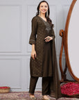Foil Print V-Neck Kurta Set with Zari Work, Palazzo & Chiffon Dupatta