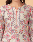 Floral Printed A-Line Poly Linen Kurta Set with Organza Dupatta