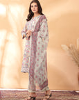 Floral Printed A-Line Poly Linen Kurta Set with Organza Dupatta