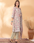 Floral Printed A-Line Poly Linen Kurta Set with Organza Dupatta