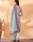 Floral Printed A-Line Poly Linen Kurta Set with Organza Dupatta