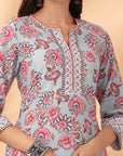 Floral Printed A-Line Poly Linen Kurta Set with Organza Dupatta