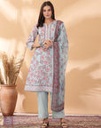 Floral Printed A-Line Poly Linen Kurta Set with Organza Dupatta