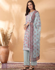 Floral Printed A-Line Poly Linen Kurta Set with Organza Dupatta