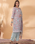 Floral Printed A-Line Poly Linen Kurta Set with Organza Dupatta