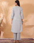 Solid A-Line Cotton Linen Kurta Set with Ari Embroidery & Laced Dupatta