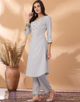 Solid A-Line Cotton Linen Kurta Set with Ari Embroidery & Laced Dupatta