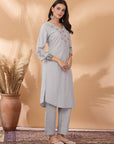 Solid A-Line Cotton Linen Kurta Set with Ari Embroidery & Laced Dupatta