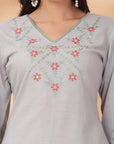 Solid A-Line Cotton Linen Kurta Set with Ari Embroidery & Laced Dupatta
