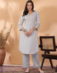 Solid A-Line Cotton Linen Kurta Set with Ari Embroidery & Laced Dupatta