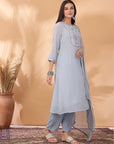 Solid A-Line Georgette Kurta Set with Thread Embroidery & Chiffon Dupatta