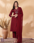 Foil Print V-Neck Kurta Set with Zari Work, Palazzo & Chiffon Dupatta