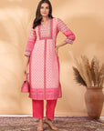 Placement Printed Poly Muslin Straight Kurta Set with Sewroskie Work