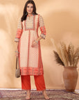 Placement Printed Poly Muslin Straight Kurta Set with Sewroskie Work