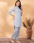 Embroidered Cotton Dobby High-Low Kurta Set with Lace Hem Palazzo
