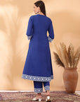 Khadi Printed A-Line Cotton Cambric Kurta Set with Lakhnavi Embroidery