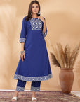 Khadi Printed A-Line Cotton Cambric Kurta Set with Lakhnavi Embroidery