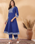 Khadi Printed A-Line Cotton Cambric Kurta Set with Lakhnavi Embroidery