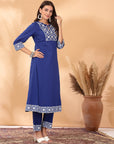 Khadi Printed A-Line Cotton Cambric Kurta Set with Lakhnavi Embroidery