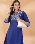 Khadi Printed A-Line Cotton Cambric Kurta Set with Lakhnavi Embroidery
