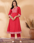Khadi Printed A-Line Cotton Cambric Kurta Set with Lakhnavi Embroidery