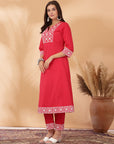Khadi Printed A-Line Cotton Cambric Kurta Set with Lakhnavi Embroidery