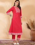 Khadi Printed A-Line Cotton Cambric Kurta Set with Lakhnavi Embroidery