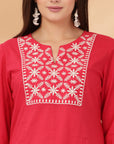 Khadi Printed A-Line Cotton Cambric Kurta Set with Lakhnavi Embroidery