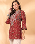 Bandhani Printed A-Line Modal Chanderi Kurti with Embroidery