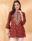 Bandhani Printed A-Line Modal Chanderi Kurti with Embroidery