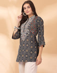Bandhani Printed A-Line Modal Chanderi Kurti with Embroidery