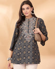 Bandhani Printed A-Line Modal Chanderi Kurti with Embroidery