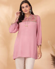 Solid Straight Viscose Rayon Kurti with Floral Embroidery