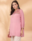 Solid Straight Viscose Rayon Kurti with Floral Embroidery