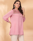 Solid Straight Viscose Rayon Kurti with Floral Embroidery