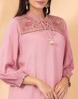 Solid Straight Viscose Rayon Kurti with Floral Embroidery