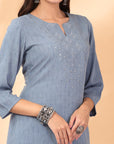 Solid A-Line Rayon Dobby Kurta Set with Mirror Embroidery & Dupatta