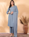 Solid A-Line Rayon Dobby Kurta Set with Mirror Embroidery & Dupatta