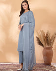 Solid A-Line Rayon Dobby Kurta Set with Mirror Embroidery & Dupatta