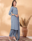 Solid A-Line Rayon Dobby Kurta Set with Mirror Embroidery & Dupatta