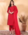 Solid A-Line Rayon Dobby Kurta Set with Mirror Embroidery & Dupatta
