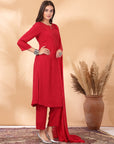 Solid A-Line Rayon Dobby Kurta Set with Mirror Embroidery & Dupatta