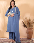 Solid Straight Cotton Linen Kurta Set with Drawstring & Dupatta