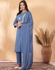 Solid Straight Cotton Linen Kurta Set with Drawstring & Dupatta