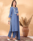 Solid Straight Cotton Linen Kurta Set with Drawstring & Dupatta