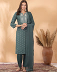 Solid A-Line Rayon Dobby Kurta Set with Zari Embroidery & Laced Dupatta