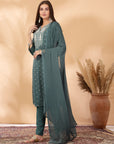 Solid A-Line Rayon Dobby Kurta Set with Zari Embroidery & Laced Dupatta