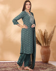 Solid A-Line Rayon Dobby Kurta Set with Zari Embroidery & Laced Dupatta