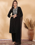 Solid A-Line Rayon Dobby Kurta Set with Zari Embroidery & Laced Dupatta